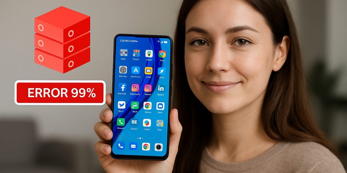 स्टोरेज ब्लोट - महिला द्वारा ऐप्स से भरा स्मार्टफोन पकड़े हुए, स्टोरेज त्रुटि 99% और सर्वर आइकन - मोबाइल स्टोरेज ब्लोट, फुल मेमोरी और स्थान को साफ करने की आवश्यकता की अवधारणा।.