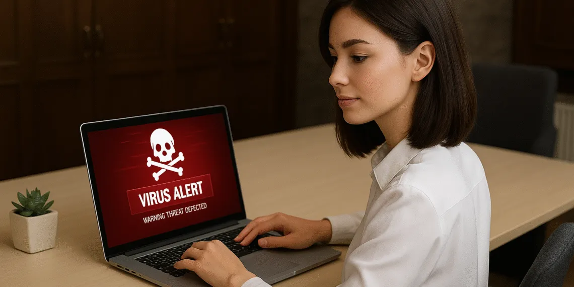 MEMZ Virus - Laptop showing red "Virus Alert" screen with skull and crossbones as a woman works at a desk, illustrating MEMZ virus malware infection on a PC.