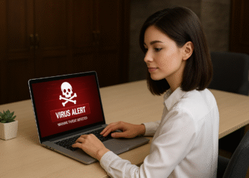 Virus MEMZ: 5 pasos rápidos para salvar tu PC ⚠️🛠️ 33 Virus MEMZ - Laptop showing red "Virus Alert" screen with skull and crossbones as a woman works at a desk, illustrating MEMZ virus malware infection on a PC.