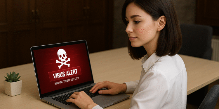 Virus MEMZ: 5 pasos rápidos para salvar tu PC ⚠️🛠️ 2 ไวรัส MEMZ - แล็ปท็อปแสดงหน้าจอ "Virus Alert" สีแดงพร้อมรูปหัวกะโหลกและกระดูกไขว้ในขณะที่ผู้หญิงกำลังทำงานที่โต๊ะ ซึ่งแสดงให้เห็นการติดมัลแวร์ไวรัส MEMZ บนพีซี.