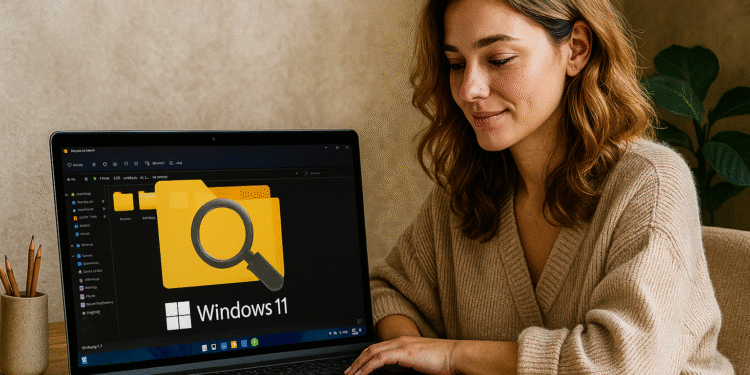 Vista previa Windows 11 en portátil: Explorador de archivos en modo oscuro con carpeta y lupa; mujer usando su PC en un escritorio doméstico.