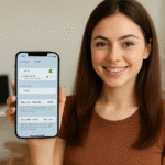iPhone no se conecta a WiFi: mujer mostrando los ajustes de Wi‑Fi en iOS para solucionar problemas de conexión a la red inalámbrica en casa.