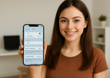 iPhone maakt geen verbinding met wifi? Oplossing in 2 minuten 🔧 4 iPhone maakt geen verbinding met wifi: vrouw gebruikt de wifi-instellingen in iOS om problemen met haar wifi-thuisnetwerk op te lossen.