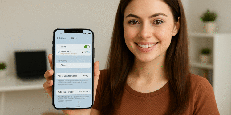 iPhone no se conecta a WiFi? Solución en 2 min 🔧 16 iPhone no se conecta a WiFi: mujer mostrando los ajustes de Wi‑Fi en iOS para solucionar problemas de conexión a la red inalámbrica en casa.