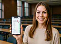 Uppdatera bakgrundsapp. En ung kvinna i ett klassrum visar på sin iPhone att alternativet "Uppdatera bakgrundsapp" är aktiverat i appinställningarna.