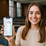 Actualización en segundo plano . Mujer joven en un aula mostrando en su iPhone la opción de "Actualización en segundo plano" activada en la configuración de aplicaciones.