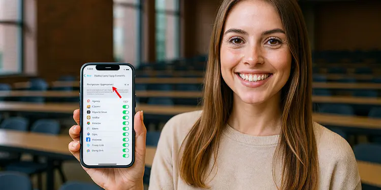 Aktualizacja w tle Aktywuj dobrze i przyspiesz swojego iPhone'a 🚀 8 Odświeżanie aplikacji w tle. Młoda kobieta w klasie pokazuje na swoim iPhonie włączoną w ustawieniach aplikacji opcję „Odświeżanie aplikacji w tle”.