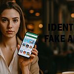 Apps falsas - Mujer mostrando su teléfono con la tienda de aplicaciones abierta y el texto "Identify Fake Apps", ilustrando cómo reconocer apps falsas y evitar el error que todos cometen al descargarlas.