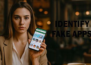 Apps falsas - Mujer mostrando su teléfono con la tienda de aplicaciones abierta y el texto "Identify Fake Apps", ilustrando cómo reconocer apps falsas y evitar el error que todos cometen al descargarlas.