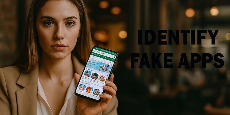 Sahte Uygulamalar - Kadın, uygulama mağazasını açmış telefonunu gösteriyor ve "Sahte Uygulamaları Belirleyin" yazısıyla sahte uygulamaları nasıl tanıyacağınızı ve bunları indirirken herkesin yaptığı hatadan nasıl kaçınacağınızı gösteriyor.