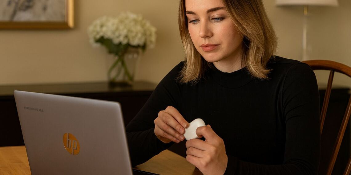 Comment jumeler des AirPods avec un Chromebook : L’utilisateur ouvre le boîtier des AirPods et les connecte via Bluetooth à un ordinateur portable HP.