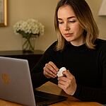 Cómo emparejar AirPods con Chromebook: persona abre el estuche de AirPods y los conecta por Bluetooth a un portátil HP.