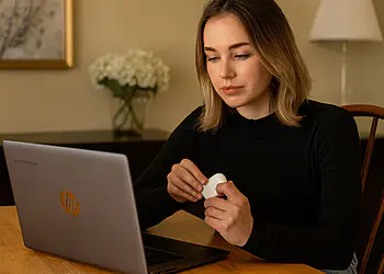 Cómo emparejar AirPods con Chromebook: ¡Conéctalos en minutos! ⏱️🔌 46 Comment jumeler des AirPods avec un Chromebook : L’utilisateur ouvre le boîtier des AirPods et les connecte via Bluetooth à un ordinateur portable HP.