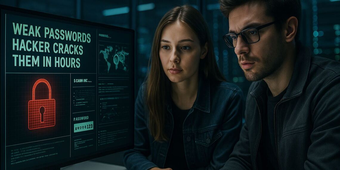 Kata sandi yang lemah - Dua spesialis keamanan siber melihat layar dengan pesan "Kata sandi lemah, peretas dapat memecahkannya dalam hitungan jam," yang menggambarkan bagaimana kata sandi yang lemah rentan dan mudah diretas hanya dalam beberapa jam.