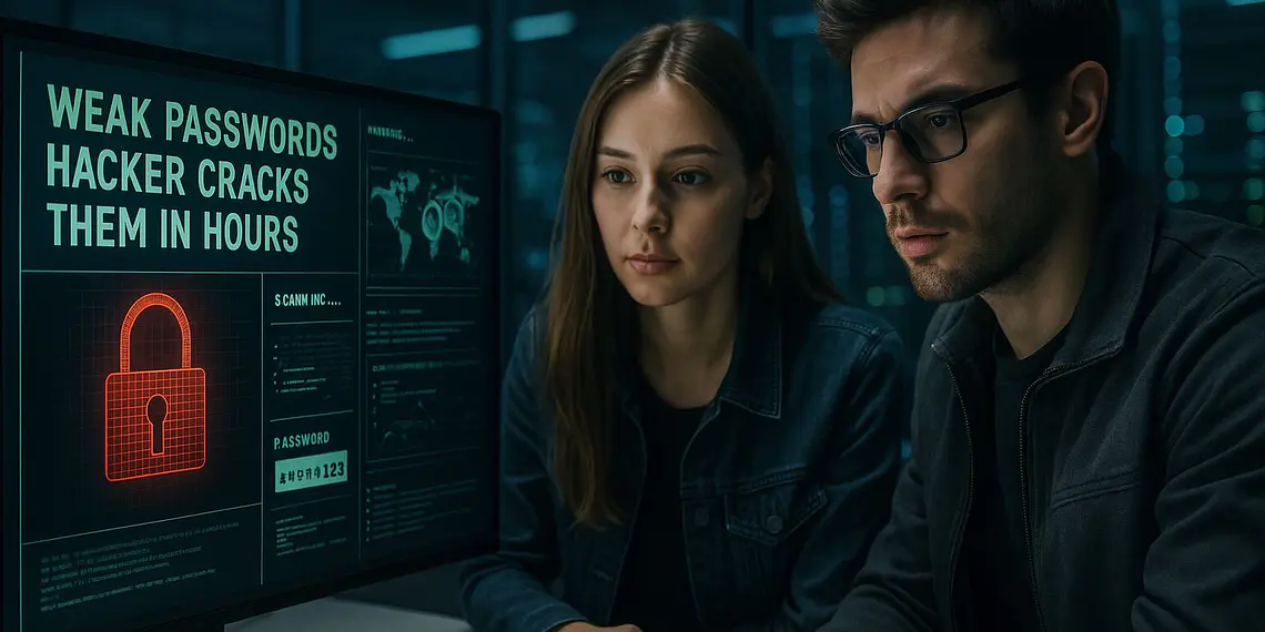 Słabe hasła - Dwóch specjalistów ds. cyberbezpieczeństwa patrzy na ekran z komunikatem „Słabe hasła, hakerzy łamią je w kilka godzin”. Pokazuje to, jak podatne na ataki i łatwe do złamania są słabe hasła w ciągu zaledwie kilku godzin.