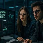 Contraseñas débiles - Dos especialistas en ciberseguridad observan una pantalla con el mensaje "Weak passwords, hacker cracks them in hours", ilustrando cómo las contraseñas débiles son vulnerables y fáciles de hackear en pocas horas.