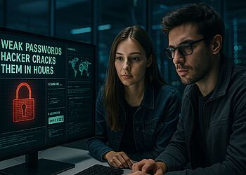 Schwache Passwörter – Zwei Cybersicherheitsexperten betrachten einen Bildschirm mit der Meldung „Schwache Passwörter, Hacker knacken sie in Stunden“, was veranschaulicht, wie angreifbar und leicht innerhalb weniger Stunden zu hacken sind.
