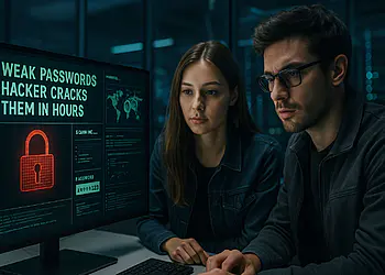 Słabe hasła - Dwóch specjalistów ds. cyberbezpieczeństwa patrzy na ekran z komunikatem „Słabe hasła, hakerzy łamią je w kilka godzin”. Pokazuje to, jak podatne na ataki i łatwe do złamania są słabe hasła w ciągu zaledwie kilku godzin.