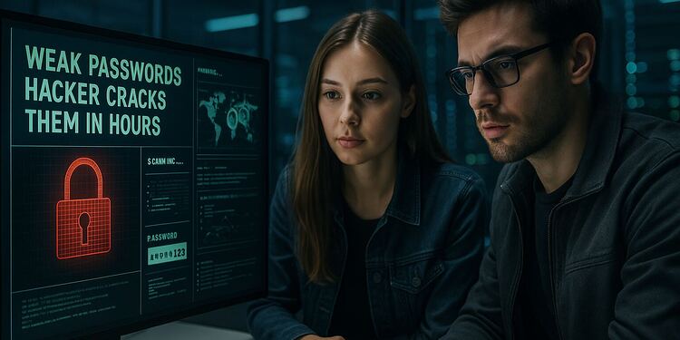Zayıf şifreler - İki siber güvenlik uzmanı, "Zayıf şifreler, bilgisayar korsanları onları saatler içinde kırar" mesajının bulunduğu bir ekrana bakıyor. Bu, zayıf şifrelerin ne kadar savunmasız olduğunu ve sadece birkaç saat içinde kolayca kırılabileceğini gösteriyor.