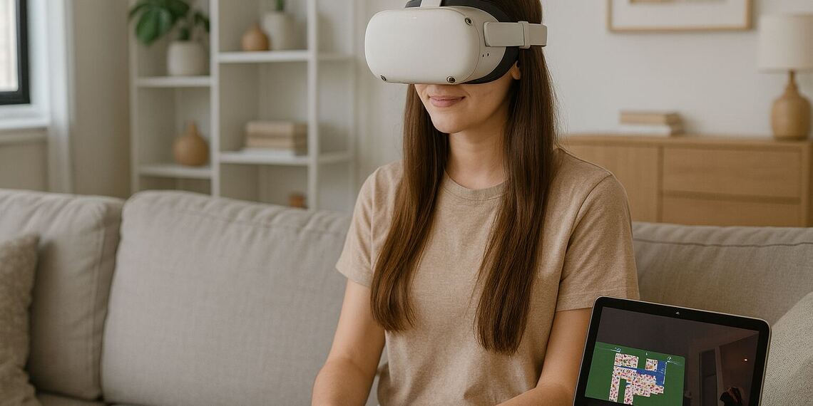 Apple Brain Control - หญิงสาวใช้ชุดหูฟังเสมือนจริงบนโซฟาพร้อมควบคุมแท็บเล็ตด้วยจิตใจ แสดงให้เห็นถึง BCI ใหม่ของ Apple ที่ไม่รุกรานน้อยลงสำหรับการควบคุมสมอง