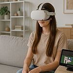 Control cerebral Apple - Mujer joven usando visor de realidad virtual en el sofá mientras controla una tablet con la mente, ilustrando el nuevo BCI menos invasivo de Apple para control cerebral.