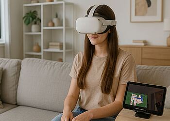 Control cerebral Apple revela control mental en iPhone 🤯 1 एप्पल ब्रेन कंट्रोल - एक युवा महिला सोफे पर बैठकर वर्चुअल रियलिटी हेडसेट का उपयोग करते हुए अपने दिमाग से टैबलेट को नियंत्रित कर रही है, जो मस्तिष्क नियंत्रण के लिए एप्पल के नए कम आक्रामक बीसीआई का उदाहरण है।