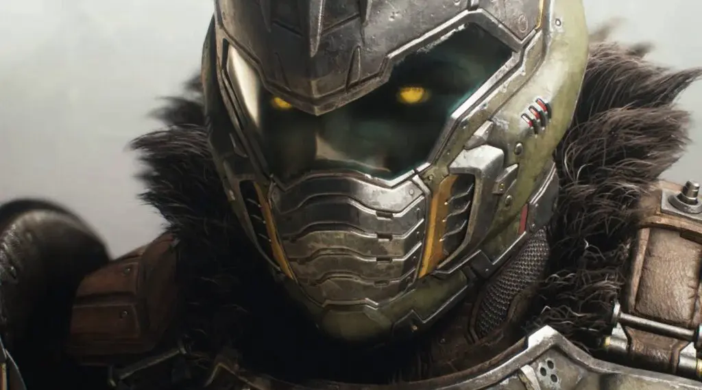 ระยะเวลา Doom The Dark Ages - ภาพระยะใกล้ของนักรบเกราะแห่งอนาคตที่สวมหมวกกันน็อคที่มีรายละเอียดพร้อมดวงตาสีเหลืองเรืองแสงและเกราะไหล่บุขนสัตว์จากวิดีโอเกม Doom The Dark Ages