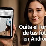 Remove background on Android - Woman holding an Android smartphone with an app that removes backgrounds, showing how to remove the background from photos on Android.