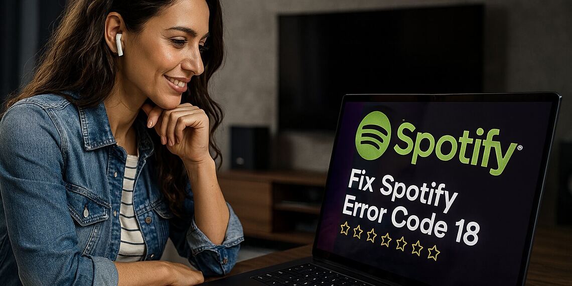ข้อผิดพลาด Spotify 18 - ผู้หญิงสวมหูฟังกำลังดูแล็ปท็อปของเธอโดยที่หน้าจอ Spotify แสดงข้อความ "แก้ไขรหัสข้อผิดพลาด Spotify 18" ซึ่งเป็นวิธีแก้ไขข้อผิดพลาด Spotify 18 อย่างรวดเร็วบน Windows