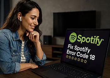 Errore Spotify 18 - Donna con le cuffie che guarda il suo laptop con lo schermo di Spotify che mostra il messaggio "Correggi il codice di errore Spotify 18", che illustra una rapida soluzione per l'errore Spotify 18 su Windows.