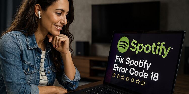 Spotify 오류 18, 아무도 알려주지 않은 빠른 해결책 🔥 13 Spotify 오류 18 - 헤드폰을 착용한 여성이 노트북을 보고 있으며, Spotify 화면에는 "Spotify 오류 코드 18 수정"이라는 메시지가 표시되어 있습니다. 이는 Windows에서 Spotify 오류 18을 빠르게 수정하는 방법을 보여줍니다.