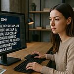GIMP Stable Boy - User at a desk working in GIMP; screen shows GIMP Stable Boy plugin tutorial in Spanish for free generative fill-an open‑source Adobe alternative.