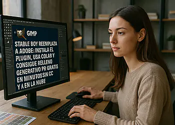 GIMP Stable Boy : Évitez Adobe et créez de la magie gratuitement 💥🚀 49 GIMP Stable Boy - Utilisateur à un bureau travaillant sous GIMP ; l'écran affiche un tutoriel du plugin GIMP Stable Boy en espagnol pour le remplissage génératif gratuit - une alternative open-source à Adobe.