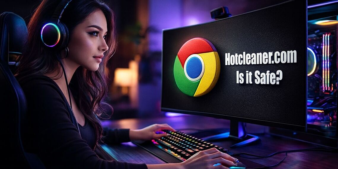 एक क्लिक में Hotcleaner.com को हटाएं और क्रोम को सुरक्षित करें: स्क्रीन पर Google Chrome लोगो और सुरक्षा चेतावनी के साथ पीसी का उपयोग करने वाली महिला।