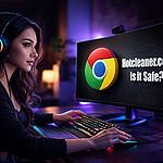Eliminar Hotcleaner.com en un clic y proteger Chrome: mujer usando PC con logotipo de Google Chrome y aviso de seguridad en pantalla.