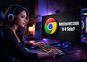 Remova o Hotcleaner.com com um clique e proteja o Chrome: mulher usando o PC com o logotipo do Google Chrome e aviso de segurança na tela.