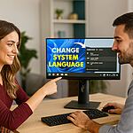 Idioma Windows 11 - Pareja cambiando el idioma de Windows 11 en el ordenador, pantalla con mensaje "Change system language", tutorial para modificar el idioma de sistema en 1 minuto y evitar errores de configuración.