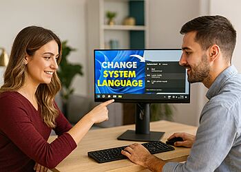 Windows 11 Language - Couple changing the Windows 11 language on the computer, screen with message "Change system language", tutorial to modify the system language in 1 minute and avoid configuration errors.