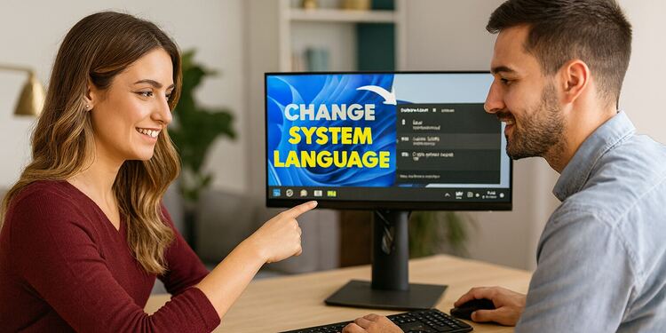 Язык Windows 11 - Пара меняет язык Windows 11 на компьютере, экран с сообщением «Изменить язык системы», руководство по изменению языка системы за 1 минуту и ​​избежанию ошибок конфигурации.