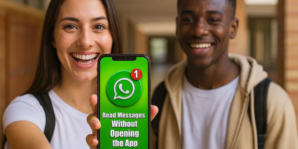 Czytanie bez bycia widzianym - Młody mężczyzna pokazuje na swoim telefonie sztuczkę WhatsApp, która pozwala czytać wiadomości bez bycia widzianym, z zielonym ekranem i powiadomieniem. Poradnik, jak czytać wiadomości WhatsApp bez otwierania aplikacji.