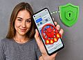 Malware Android - Woman holding an Android smartphone with virus alert and security shield; 5-step guide to remove malware and protect your mobile quickly.