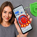 Malware Android - Mujer sosteniendo un smartphone Android con alerta de virus y escudo de seguridad; guía en 5 pasos para eliminar malware y proteger tu móvil rápidamente.