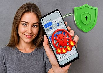 Malware Android: detecta troyanos en 60s ⏱️👾 22 Вредоносное ПО для Android - Женщина держит смартфон Android с предупреждением о вирусах и защитным экраном; 5-шаговое руководство по быстрому удалению вредоносного ПО и защите вашего мобильного телефона.