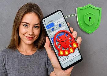 Android Malware: Detects Trojans in 60s ⏱️👾 5 Malware Android - Woman holding an Android smartphone with virus alert and security shield; 5-step guide to remove malware and protect your mobile quickly.