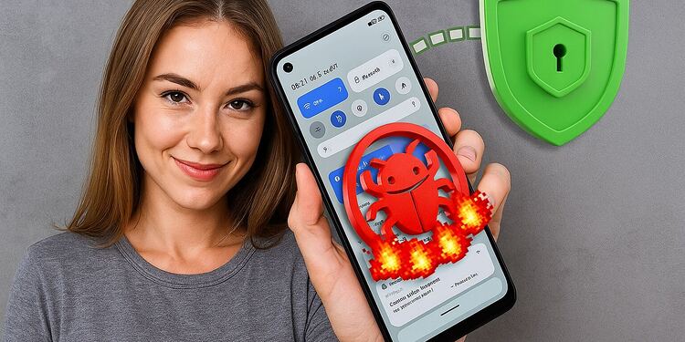 Malware Android - Donna che tiene in mano uno smartphone Android con avviso di virus e scudo di sicurezza; guida in 5 passaggi per rimuovere rapidamente il malware e proteggere il tuo cellulare.