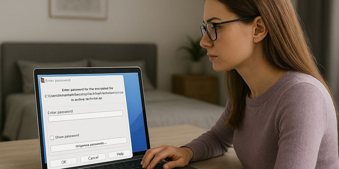 ZIP を保護 - ラップトップを使用して圧縮ファイルをパスワードで保護する女性。高速暗号化とデータ セキュリティ メソッドを使用して ZIP ファイルを保護する方法の例。