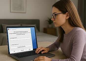ZIP-Datei schützen – Eine Frau verwendet einen Laptop, um eine komprimierte Datei mit einem Passwort zu schützen. Dies ist ein Beispiel dafür, wie man eine ZIP-Datei mit schneller Verschlüsselung und Datensicherheitsmethoden schützen kann.