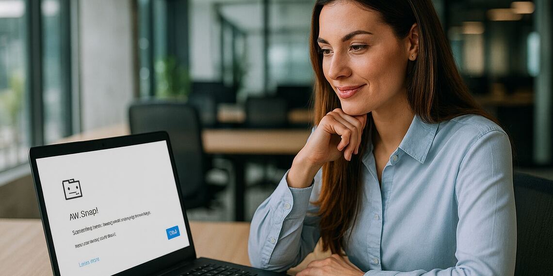 RESULT_CODE_HUNG - Orang yang menggunakan laptop dengan kesalahan Chrome "Aw, Snap!" (RESULT_CODE_HUNG), menampilkan solusi 1-klik yang memperbaiki Google Chrome dan mencegahnya membeku.