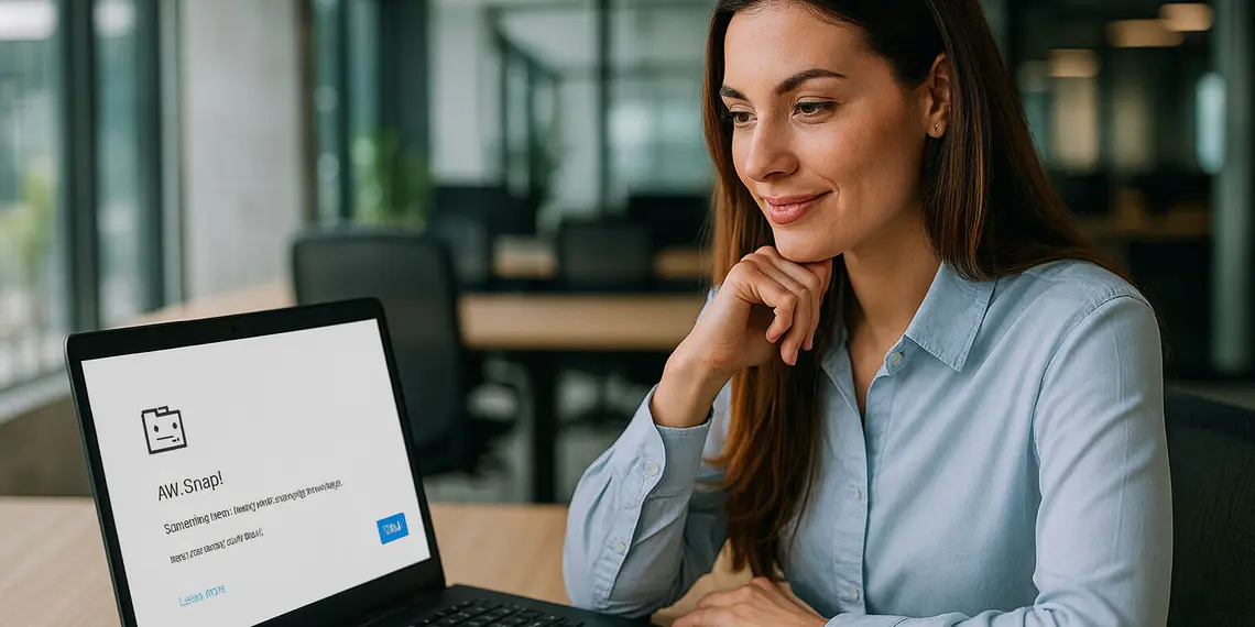 RESULT_CODE_HUNG - Pessoa usando um laptop com o erro "Aw, Snap!" (RESULT_CODE_HUNG) no Chrome, mostrando uma solução com um clique que corrige o Google Chrome e impede que ele trave.