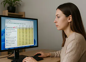 Windows Explorer neu starten – Eine Frau startet den Windows Explorer über den Task-Manager in Windows neu, um Systemfehler in Sekundenschnelle zu beheben.